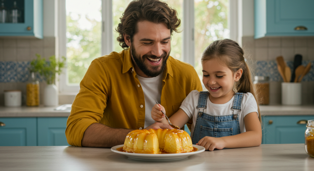 pai-e-filha-felizes-com-um-pudim-sobre-a-mesa-da-cozinha