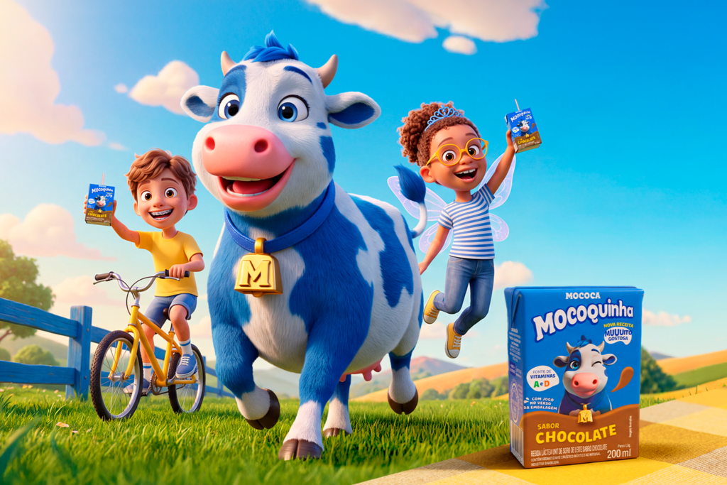 Nova embalagem da Mocoquinha sabor chocolate, com a vaquinha mascote da Mococa e duas crianças em um cenário de fazenda.