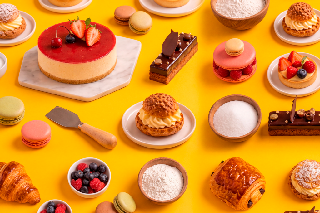 Pães artesanais, croissants e doces franceses, com uma confeiteira decorando uma sobremesa.